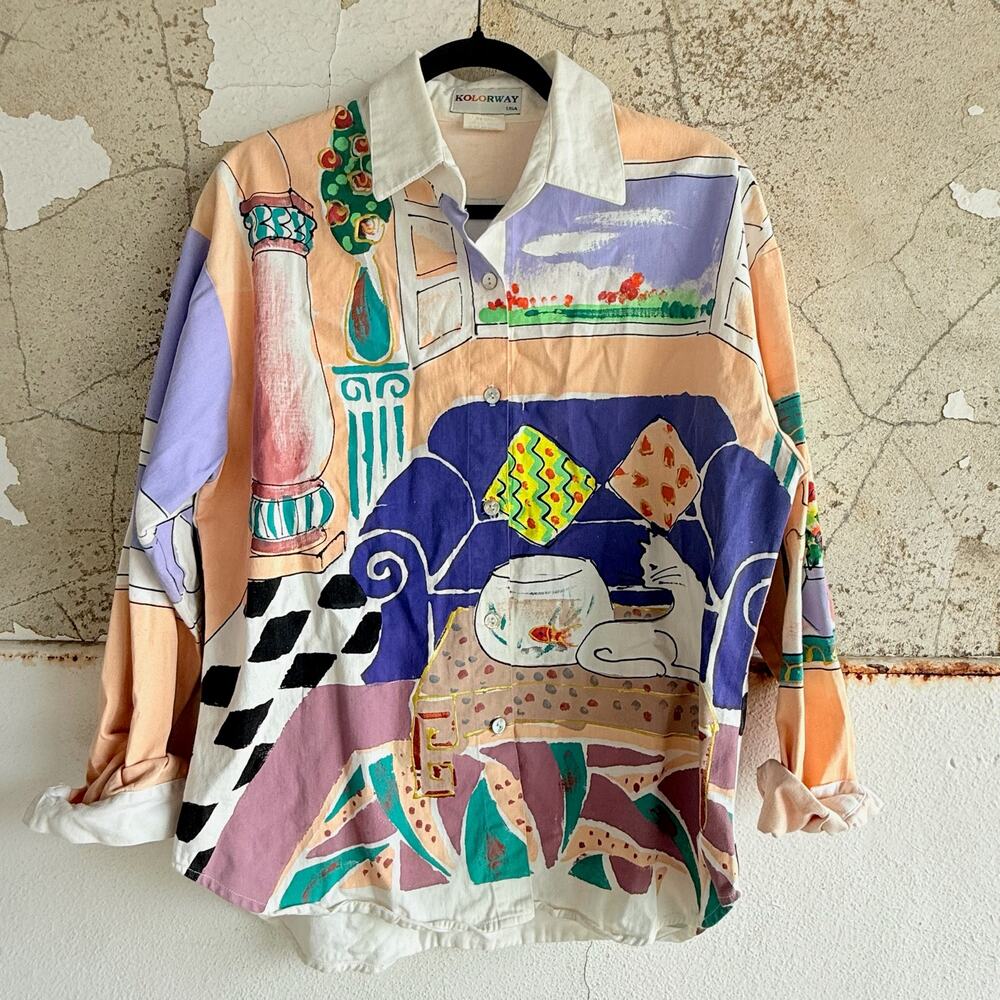 Whimsical 80s Cat Fishbowl‎ Shirt Vintage Art Print Button Down Cotton USA